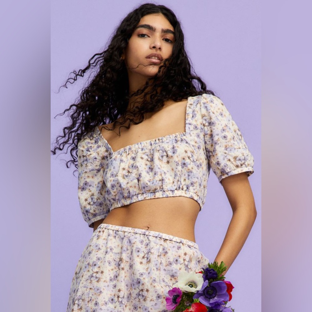 H&M Purple Floral Linen-Blend Crop Blouse Shirt